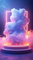 Colorful cloud formation with neon lights creating an ethereal atmosphere in a dark setting photo