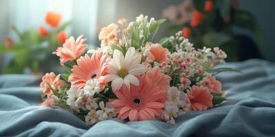 Brightly colored bouquet of flowers arranged on a soft blue fabric in natural light during daytime photo