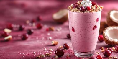 Creamy pink smoothie topped with berries, granola, and whipped cream on a rich purple background photo