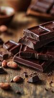 Decadent dark chocolate pieces arranged on a rustic wooden surface with cocoa beans and chocolate fragments scattered around photo