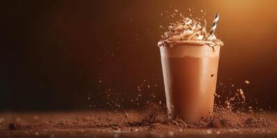 Whipped cream topped chocolate beverage splashes with cocoa dust in warm light setting photo