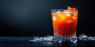 Refreshing fruity cocktail served over ice with vibrant colors in a dimly lit bar setting during evening hours photo