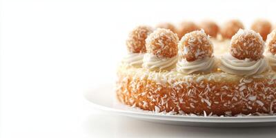 Delicious coconut cake adorned with whipped cream and sweet coconut balls for a festive dessert experience photo