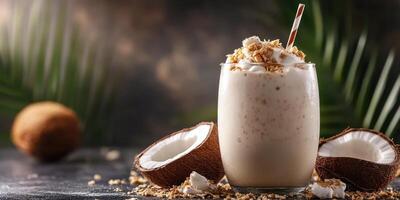 Creamy coconut smoothie topped with granola and coconut flakes in a tropical setting photo