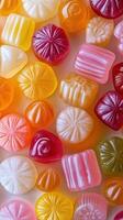 Colorful assortment of fruit-flavored candies arranged in vibrant pattern on a smooth surface photo