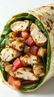 Grilled chicken wrap with fresh vegetables and herbs served on a white background photo