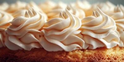 Delicious sponge cake topped with creamy swirls ready for celebration photo