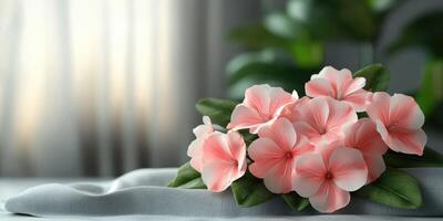 Beautiful pink flowers arranged elegantly on soft fabric with natural light streaming through a window photo
