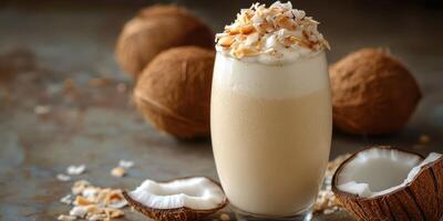 Coconut dessert drink topped with cream and toasted coconut flakes on a textured surface photo