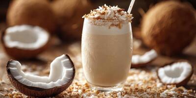 Creamy coconut smoothie topped with shredded coconut and served with fresh coconuts on wooden table photo