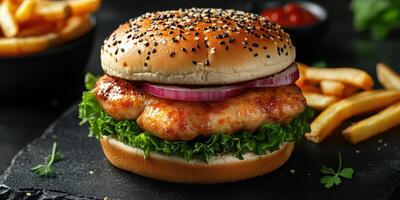 Delicious grilled chicken sandwich served with crispy fries and a side of ketchup on a dark background photo