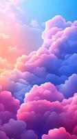 Colorful clouds create a stunning sunset sky over a serene landscape with vibrant hues and soft textures photo