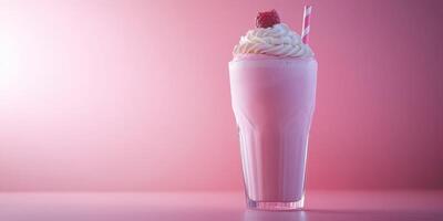 Refreshing pink milkshake topped with whipped cream and a raspberry on a pastel pink background photo