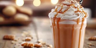 Creamy caramel dessert beverage served with whipped cream during cozy indoor gathering photo
