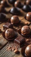 Gourmet chocolate truffles and dark chocolate squares on rustic wooden surface photo