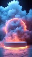 Neon circle in colorful clouds creates an ethereal atmosphere at night in a digital art concept photo