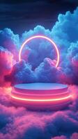 Colorful neon sunset above a glowing platform surrounded by vibrant clouds in a dreamy atmosphere photo