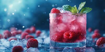 Refreshing raspberry cocktail served in a chilled glass garnished with mint and ice on a vibrant blue background photo