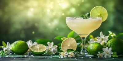 Refreshing cocktail with lime and flowers enhances a warm summer day in a natural setting photo