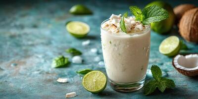 Refreshing coconut lime drink with mint garnished on a textured blue background photo