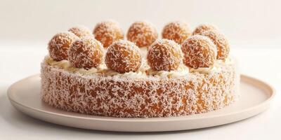 Delightful coconut cake garnished with spherical treats and shredded coconut, perfect for celebrations and gatherings photo