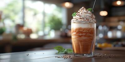 Delicious iced coffee topped with whipped cream and chocolate in a cozy cafe setting photo