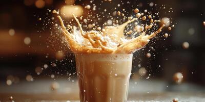 Creamy beverage splashes dramatically from a glass in a cozy cafe setting during late afternoon photo