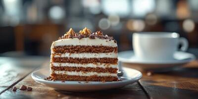 Delicious slice of layered cake served with a cup of coffee in a cozy cafe setting photo