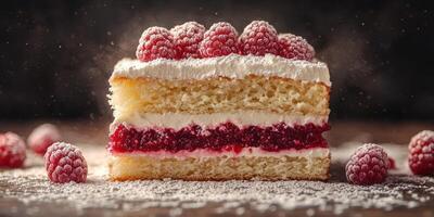 Delicious raspberry layer cake presented beautifully on a wooden surface with powdered sugar dusting photo