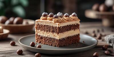 Delicious chocolate cake with creamy frosting and chocolate toppings in a cozy setting photo