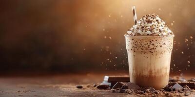 Delicious dessert beverage with creamy whipped topping and chocolate sprinkles on rustic wooden table photo