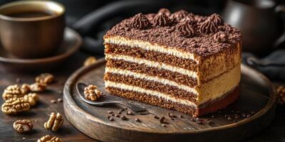 Delicious layered cake with cream and nuts served on wooden plate with coffee in background photo