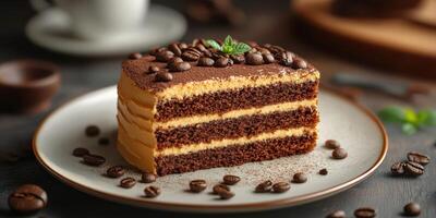 Elegant dessert featuring rich layers of chocolate and coffee cream on a rustic wooden table photo