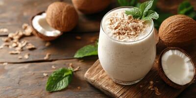 Delicious coconut smoothie served with fresh mint and oats on wooden table in a cozy kitchen setting photo