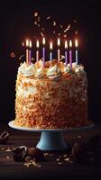 Brightly lit cake with colorful candles and decorations celebrating a special occasion at a cozy setting photo