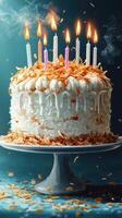 Celebrating with a stunning coconut cake adorned with colorful candles and toasted coconut flakes photo