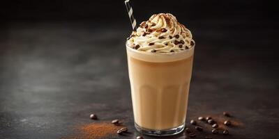 Creamy coffee beverage topped with whipped cream and chocolate sprinkles served in a glass with a straw photo