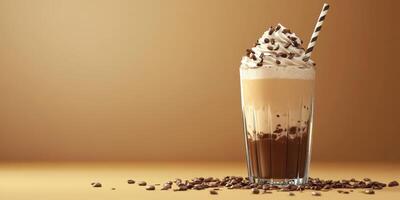 Creamy chocolate coffee drink topped with whipped cream and chocolate sprinkles on a wooden table photo