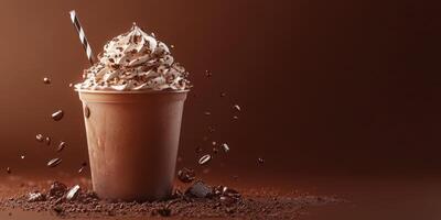 Creamy chocolate beverage topped with whipped cream and chocolate shavings on a brown background photo