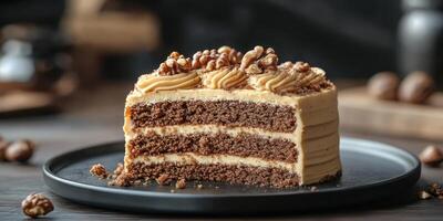 Delicious chocolate cake slice served on a black plate with walnuts on top and rich frosting photo