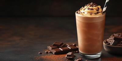 Rich chocolate frappe topped with whipped cream and chocolate shavings on a dark countertop photo