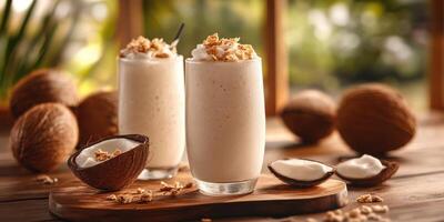Refreshing coconut smoothies with crunchy topping in a serene setting photo