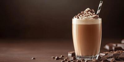 Creamy iced coffee topped with whipped cream and chocolate shavings served in a glass on a dark background photo