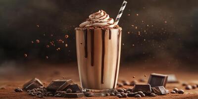 Indulgent chocolate milkshake with whipped cream and chocolate drizzle served in a tall glass photo