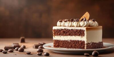 Delicious chocolate cake with creamy frosting served on a plate in a cozy setting photo