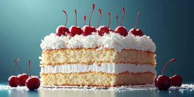 Delicious cherry-topped cake with creamy frosting on a textured blue background photo