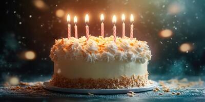 Birthday cake with candles glowing brightly in a festive setting during a celebration photo