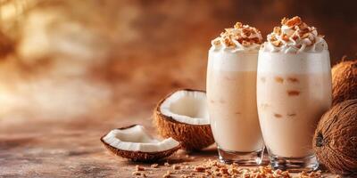 Creamy coconut drink topped with whipped cream and nuts in elegant glasses on rustic background photo