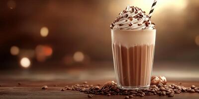 Creamy coffee beverage topped with whipped cream and chocolate syrup served in a glass at a cozy cafe photo