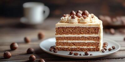 Delicious layered cake topped with nuts served on a plate in a cozy cafe setting photo